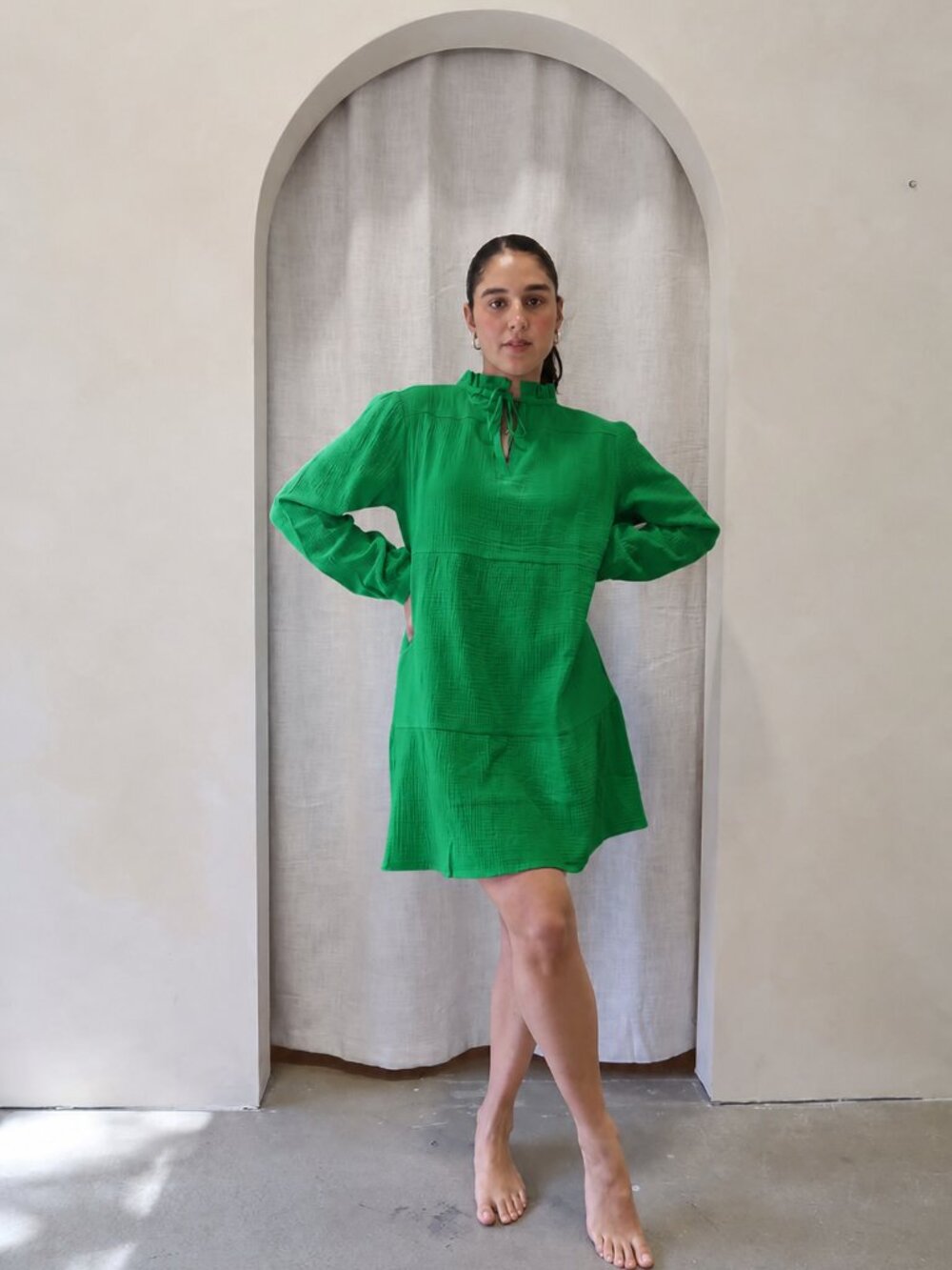 LINE THE LABEL Sunny Green Cotton Gauze Ruffle Neck Tiered A-Line Dress, Size S